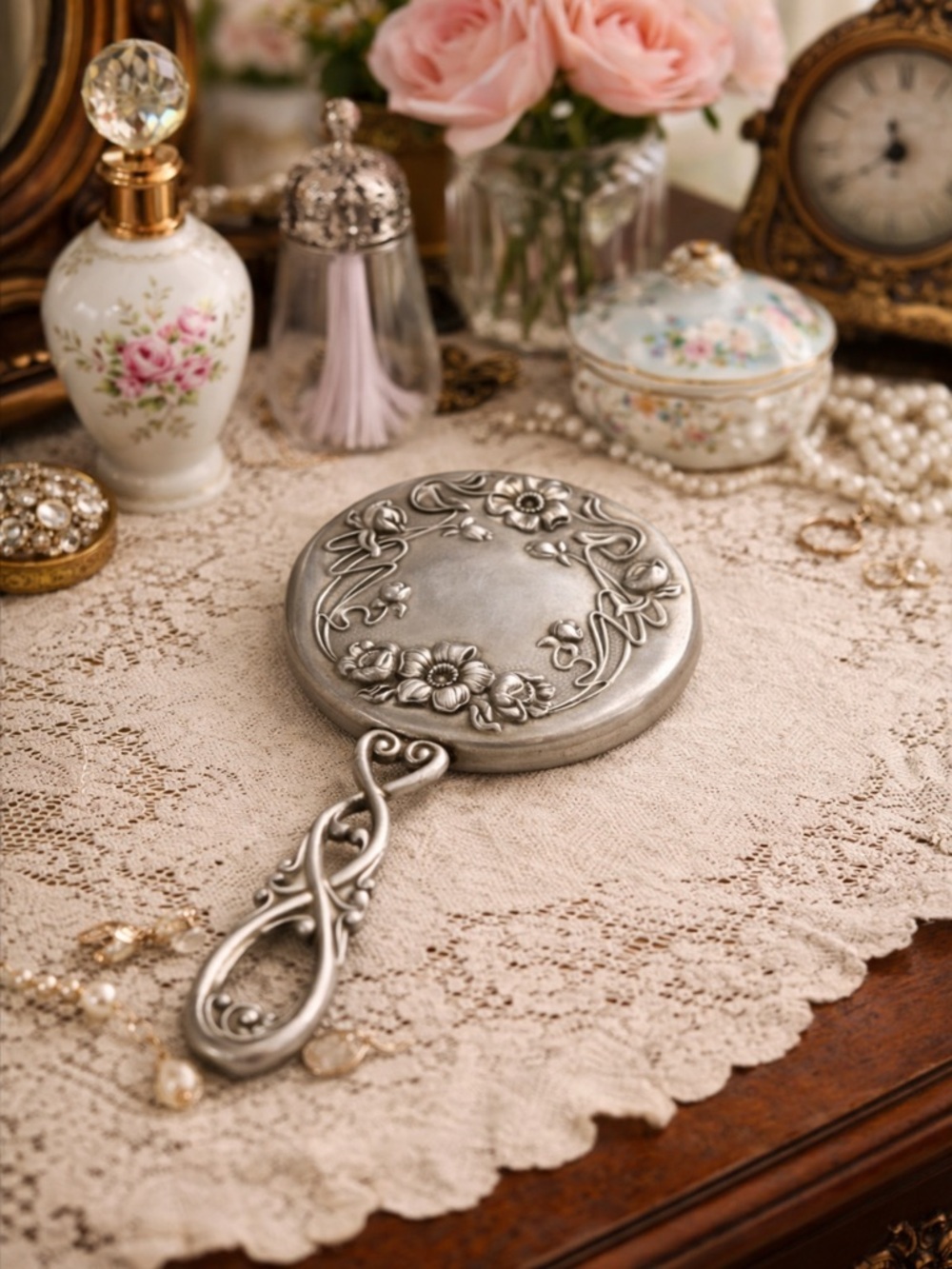 Vintage Art Nouveau Silver Hand Mirror with Floral Design